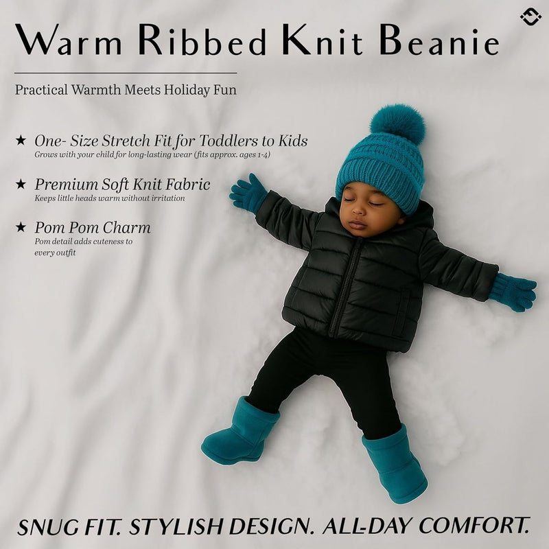 Funky Junque Toddler Pom Beanie – Kids Winter Hat for Ages 1–4, Baby Boy & Girl Knit Beanies, Warm Cozy Knit Snow Hats - Image 2